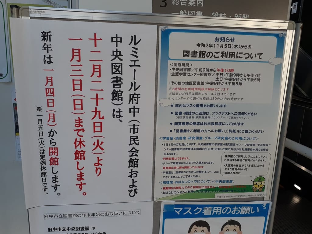 中央図書館の年末年始休館日です。